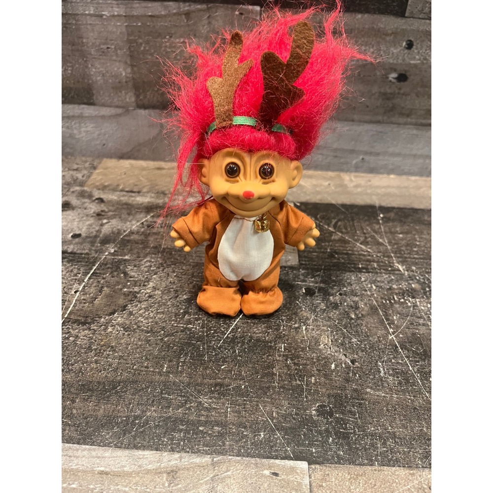 Vintage Russ Berrie Troll Doll Reindeer Christmas Costume Red Hair Red Nose